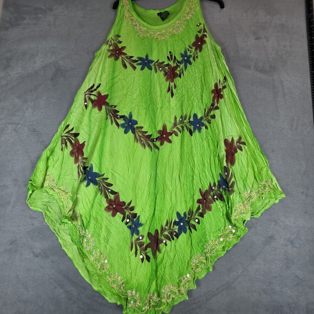 Ace Fashion Boho Handkerchief Tunic Dress Green Floral Rhinestone Free Size